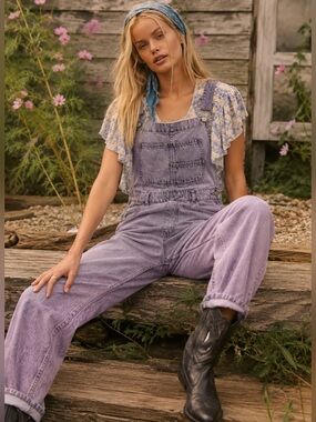 Free People Ziggy Denim Overalls Pink Dreams XS Boho Straight Leg Utility